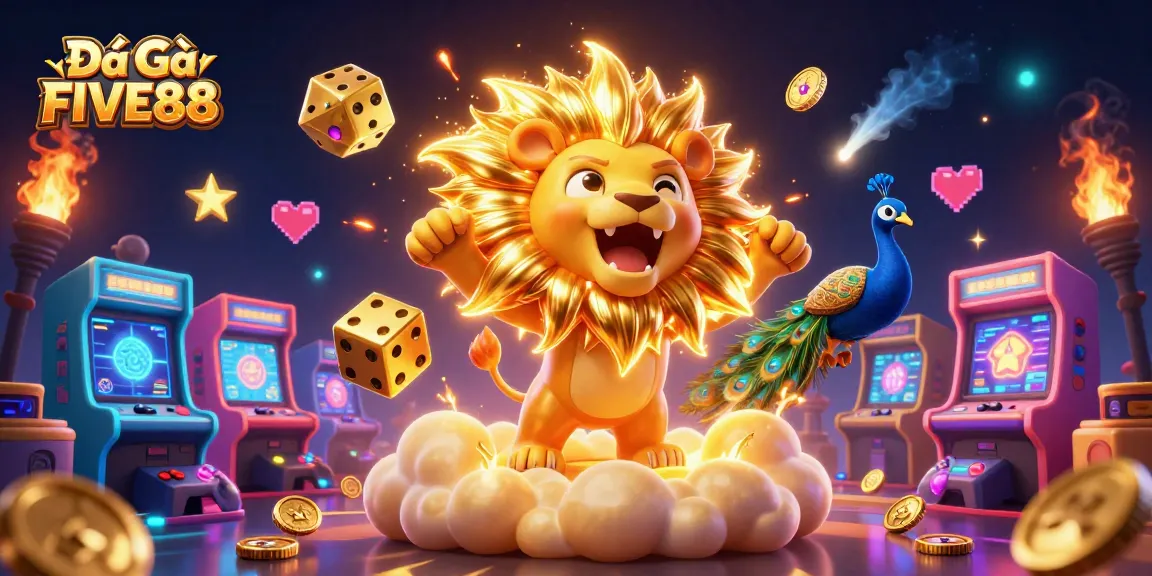 Engage with Đá Gà FIVE88 through an exciting 3D illustration showcasing vibrant casino elements and characters.