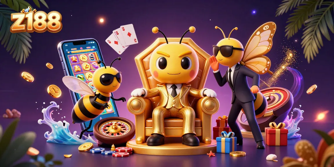 Win big at z188 with this vibrant 3D casino scene featuring dynamic games and gold winnings.