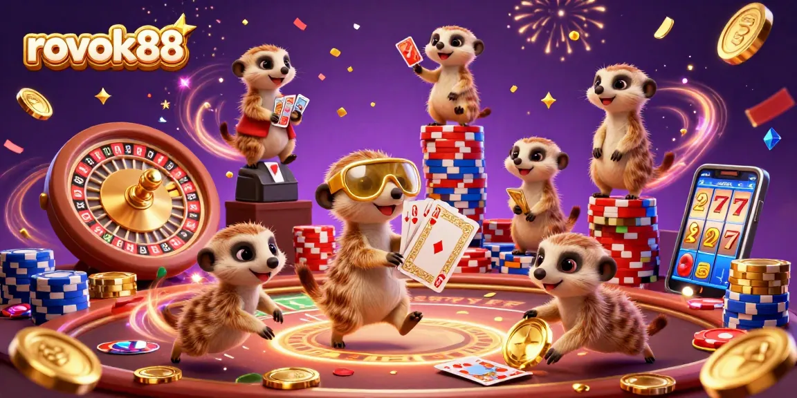 Engage in the fun at rokok88's vibrant casino, where meerkats deal cards and festivities abound.