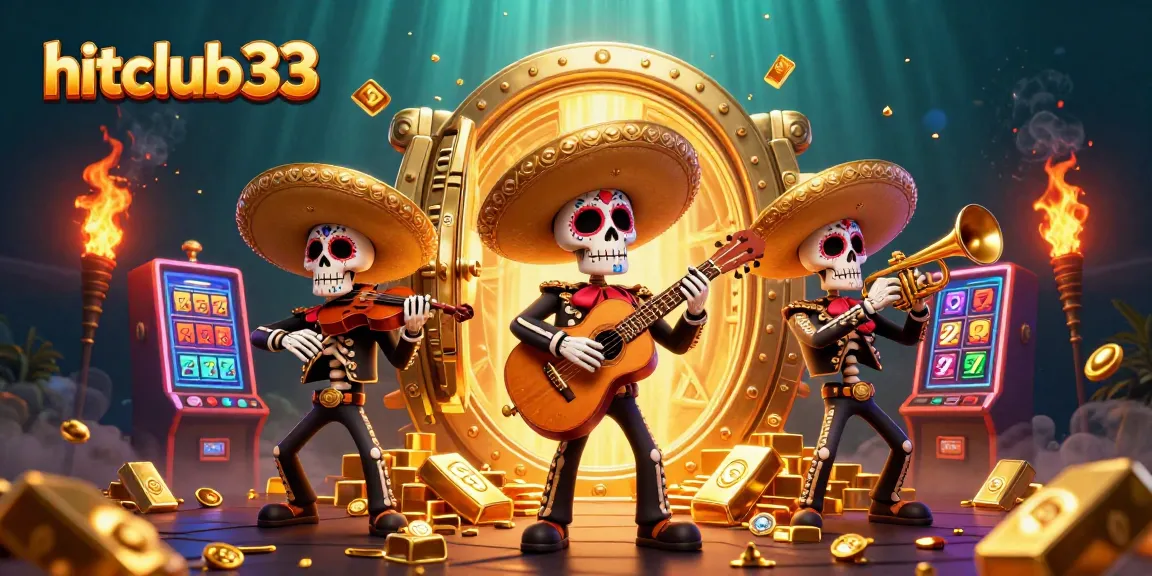 Hitclub33 showcases a vibrant mariachi band scene enhanced with dynamic slot machines and treasures.