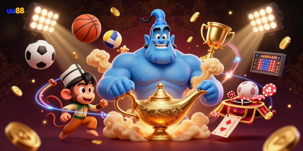 uu88 players experience a thrilling casino adventure with a genie, magic carpet, and dynamic sports elements.