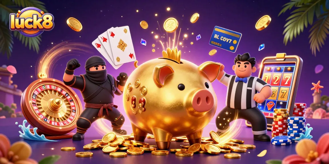 Experience excitement with luck8 as golden coins cascade in a dynamic casino scene featuring vibrant characters and gaming elements.