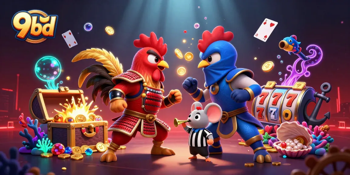 Engage with 9bd's thrilling gaming adventure featuring vibrant roosters, treasure, and colorful slots.