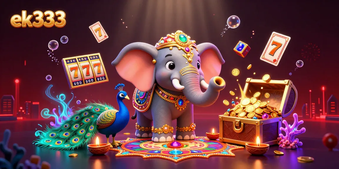 Engage with exciting games at EK333, showcasing vibrant 3D illustrations of jackpots and immersive casino elements.