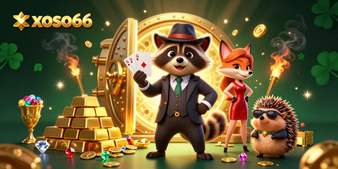Xoso66 invites players to join the thrilling casino action with a charming raccoon and friends showcasing luxury and excitement.
