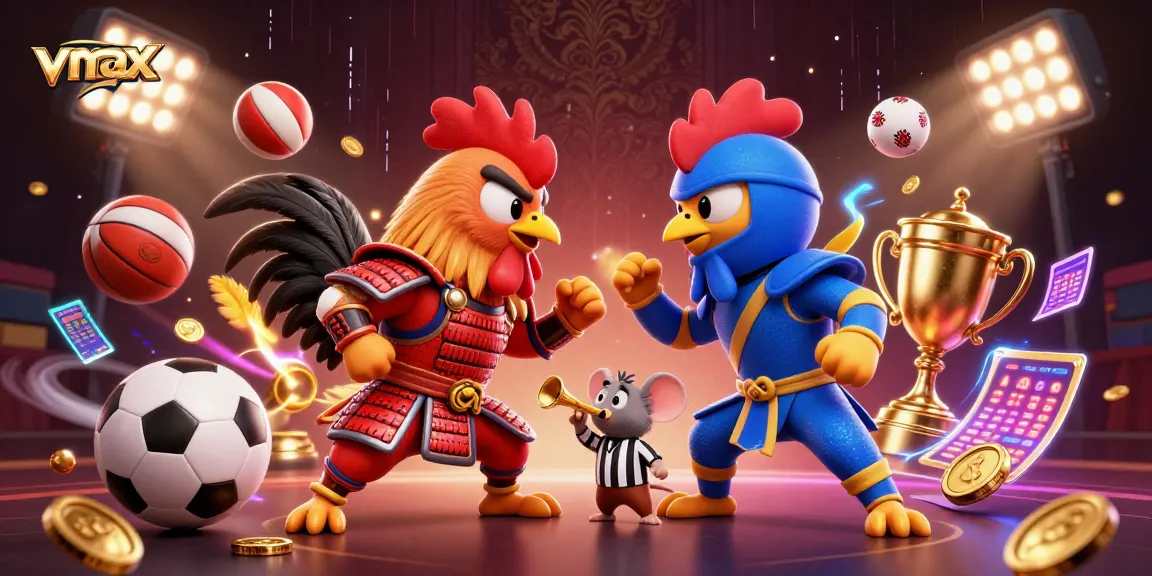 Experience high-stakes action with vmax, featuring a dramatic standoff between fighting roosters in a colorful casino-themed scene.