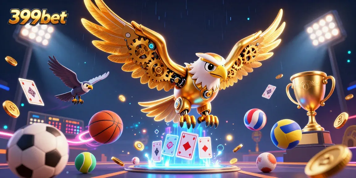 Experience dynamic sports action with 399bet as a golden eagle dives through holographic cards.